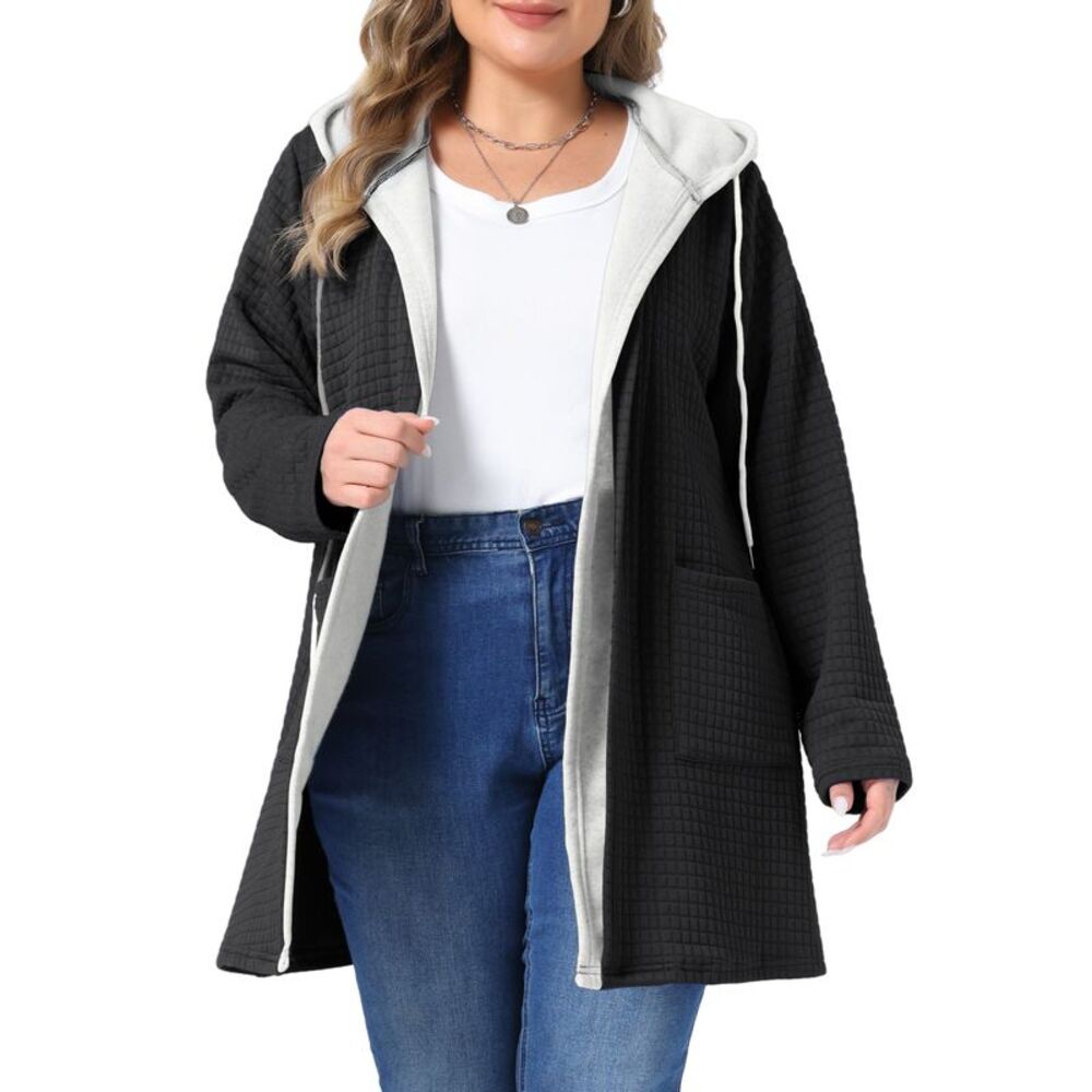 Women Plus Size Waffle Hooded Cardigan Long Jacket Black